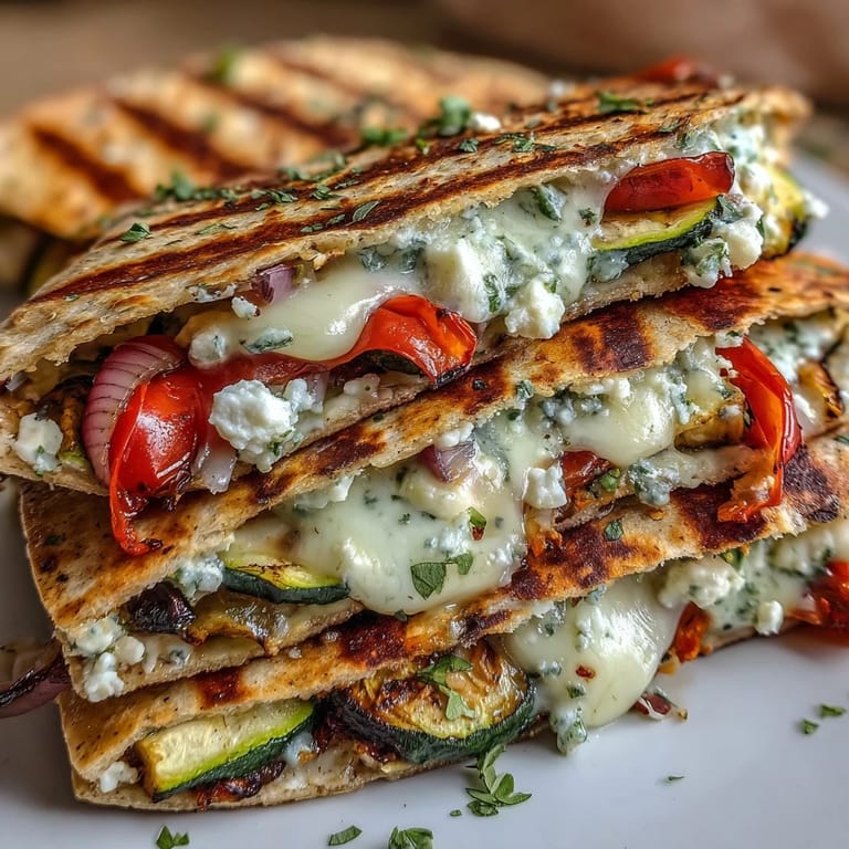 Golden-brown Grilled Mediterranean Veggie Quesadillas sit beside creamy tzatziki dip, ready for a delicious lunch or dinner.