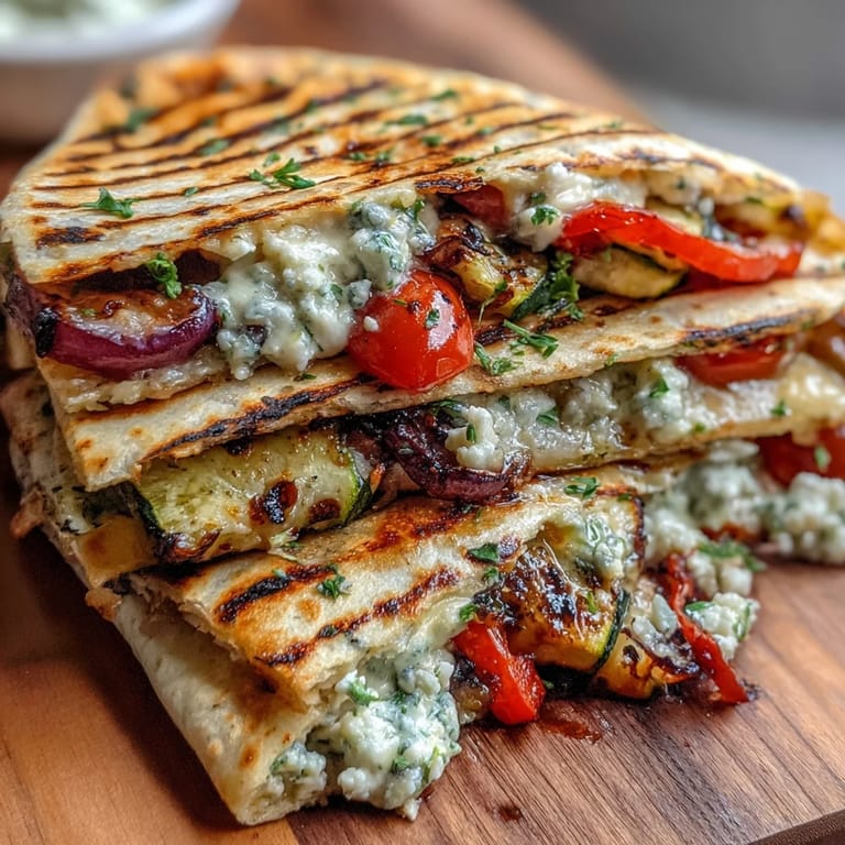 A close-up of Grilled Mediterranean Veggie Quesadillas revealing melted feta and juicy cherry tomatoes tucked inside a crisp tortilla.