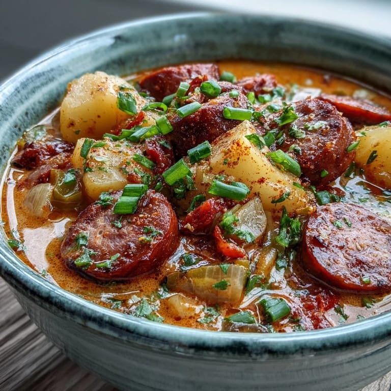 Hearty Creamy Cajun Potato Soup with Andouille Sausage steaming in a pot with colorful peppers and celery.