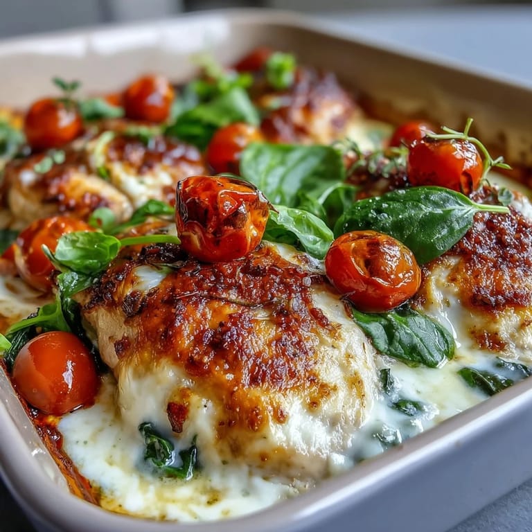 High Protein Chicken Bake im Ofen gebacken, goldbraunes Hähnchen mit Spinat und Käse überbacken