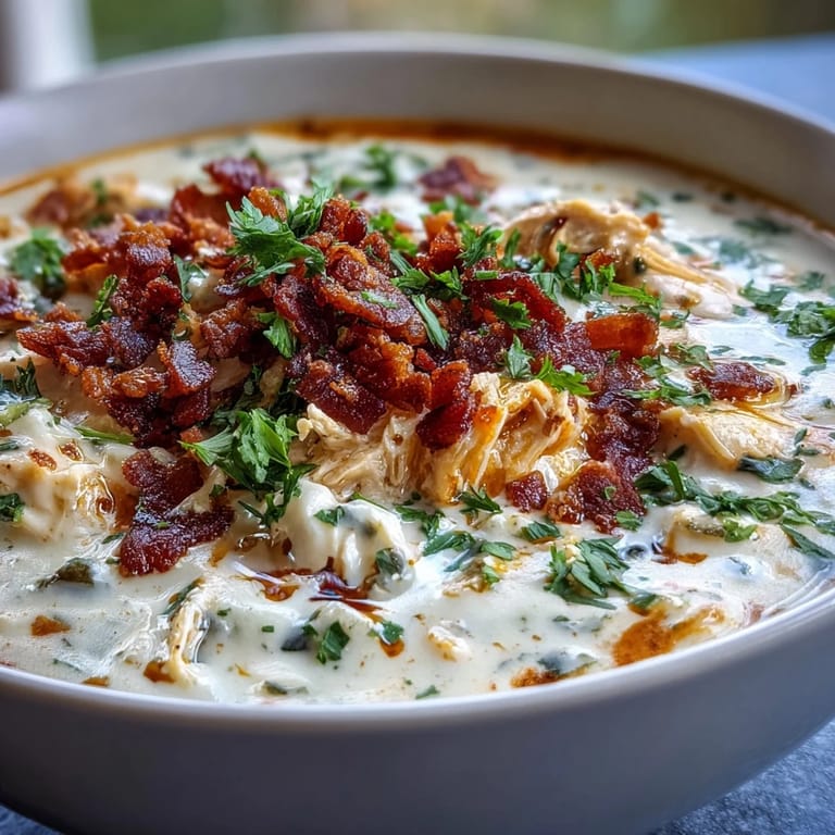 White bowl of Spicy Jalapeño Popper Chicken Soup, garnished with bacon, cilantro, and peppers