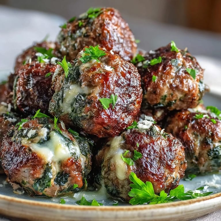 Frisch gebackene Spinach Garlic Meatballs mit Marinara und Parmesan garniert.