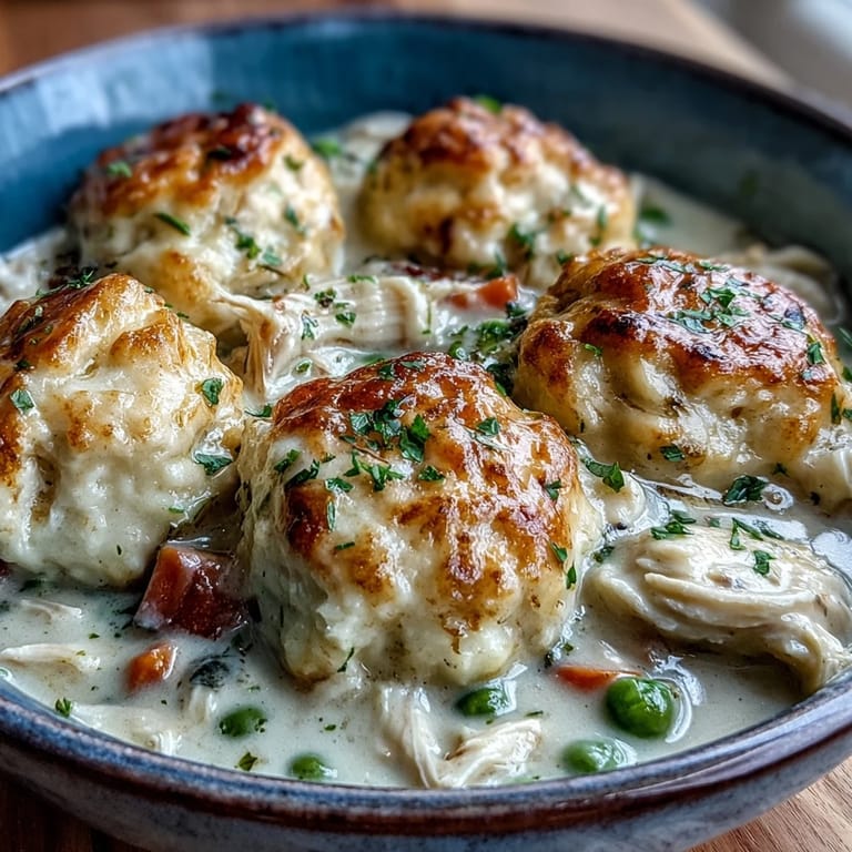 A ladle of Slow Cooker Ranch Chicken & Dumplings reveals creamy chicken, carrots, and peas for a comforting meal.