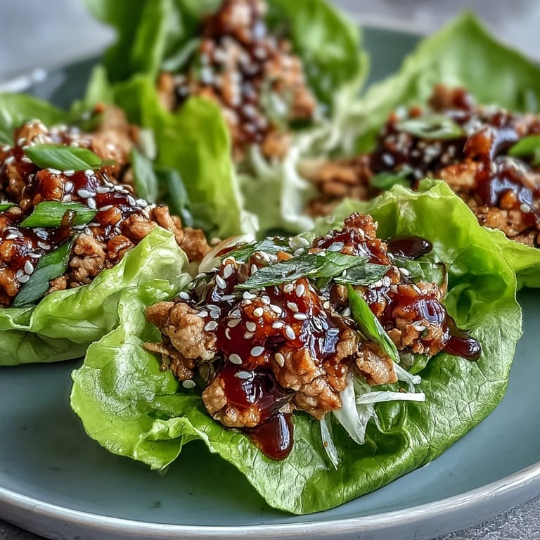 Serving of Potsticker-Inspired Chicken Lettuce Boats drizzled with tangy dipping sauce and sesame seeds.