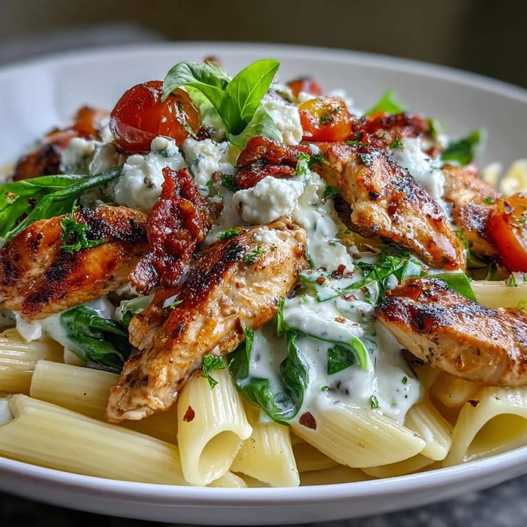 Ein Teller Roasted Garlic & Feta Chicken Pasta mit Spinat und Tomaten, serviert in der Pfanne.