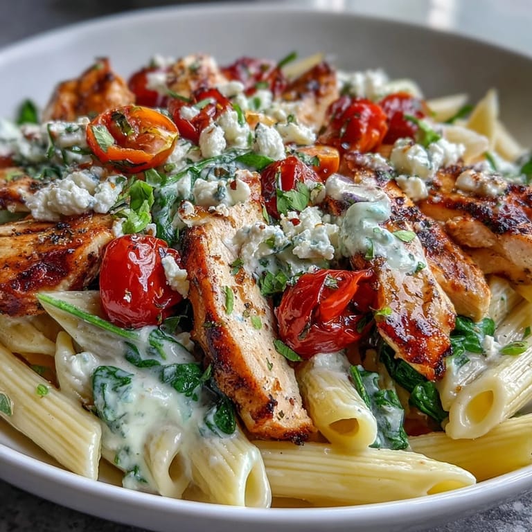 Saftiges Roasted Garlic & Feta Chicken Pasta Gericht mit griechischem Feta und frischer Petersilie.