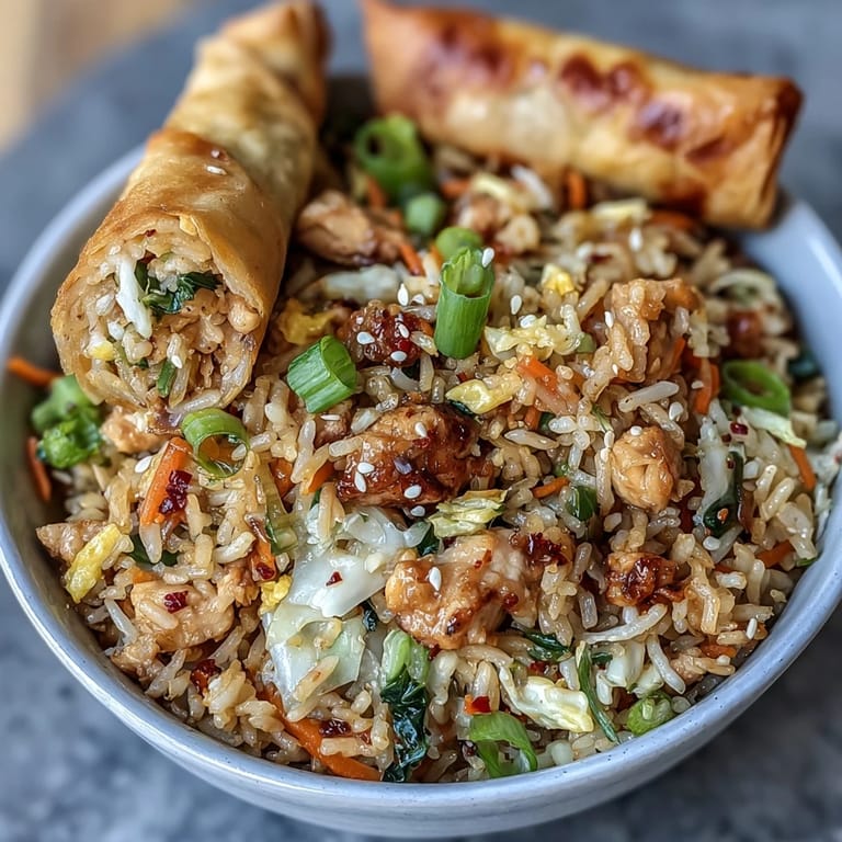 A skillet of Crispy Chicken Fried Rice with Egg Roll Flavors, packed with crunchy cabbage, carrots, and sesame garnish.