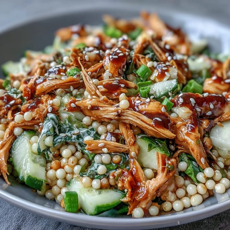 Genieße die Asian Sesame Chicken Couscous Salad mit Koriander, Sesam und Soja-Sesam-Dressing für 4 Personen.