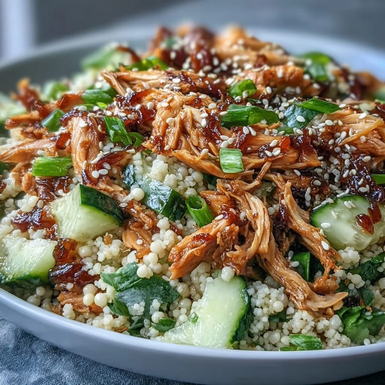 Saftiges Hähnchen und perligem Couscous in der Asian Sesame Chicken Couscous Salad, verfeinert mit Sriracha-Würze.