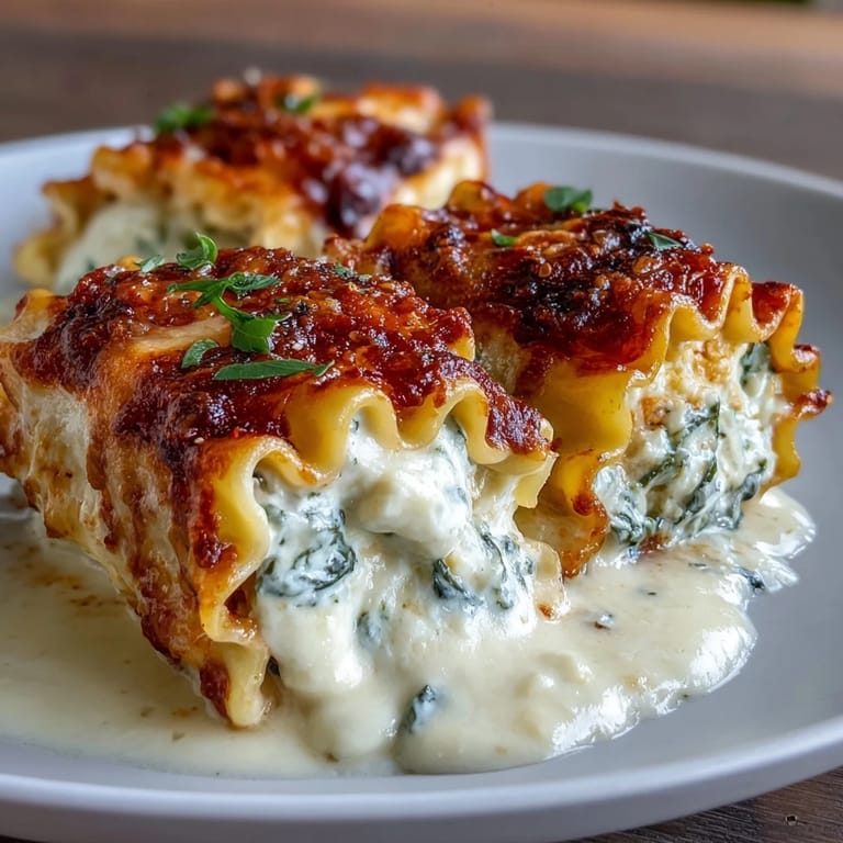 Zubereitete Garlic Butter Lasagna Roll-Ups mit cremiger Spinat-Füllung und blubbern­dem Knoblauch-Butter-Topping aus dem Ofen.
