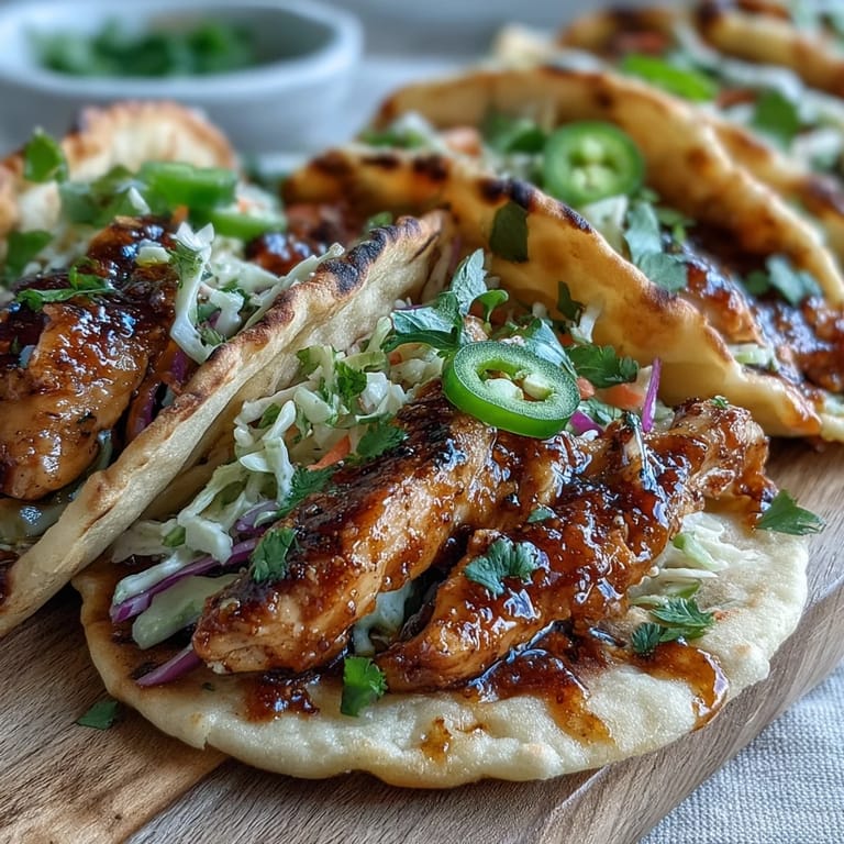 Saftige Honey-Garlic-Naan-Chicken-Tacos auf warmem Knoblauch-Fladenbrot mit Koriander-Slaw für den Geschmack.