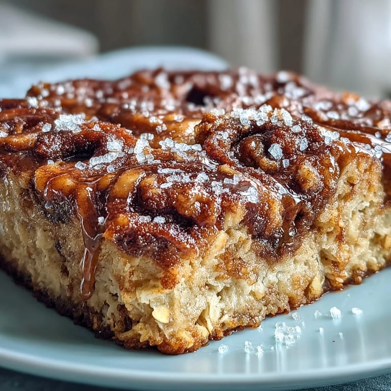 High-Protein Cinnamon Swirl Coffee Cake Oats als gesunde Frühstücksoption mit marbled Zimtspur und nussigem Topping aus dem Backblech.