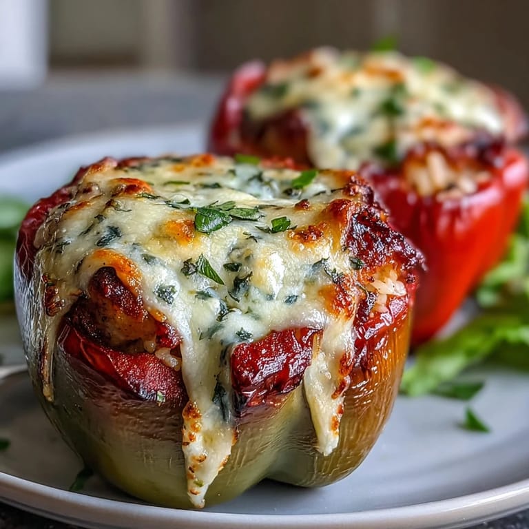 Saftige Paprikaschoten gefüllt mit würziger Hähnchen-Reis-Füllung und Parmesan-Sauce, ein köstliches, glutenfreies Hauptgericht.