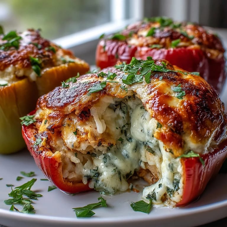 Leckere, cremige Garlic Parmesan Chicken Stuffed Peppers mit Reis und Knoblauch, serviert im Backblech.