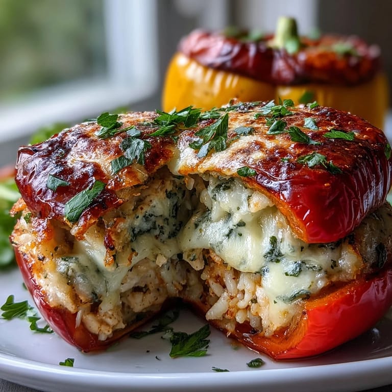 Frisch gebackene Garlic Parmesan Chicken Stuffed Peppers, gefüllt mit würziger Hähnchen-Füllung und glasigem Käse.