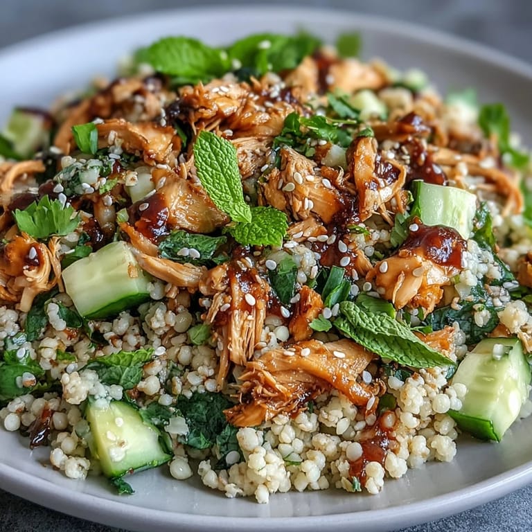Heißer Asian Sesame Chicken Couscous Salat mit gerauchertem Hähnchen und knackigem Gemüse