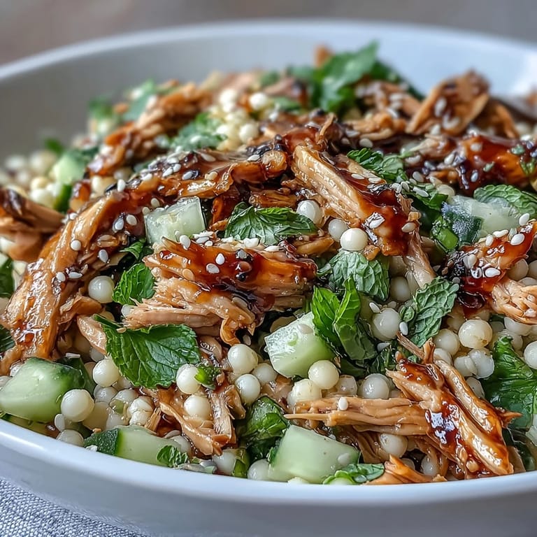 Portion des Asian Sesame Chicken Couscous Salats mit frischen Kräutern und Sesamglasur