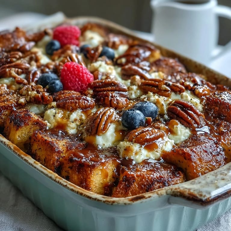 Leckere Caramel Cream Cheese French Toast Casserole mit Goldbrauner Kruste, frischen Beeren und einem Hauch Zimt auf dem Frühstücksteller.