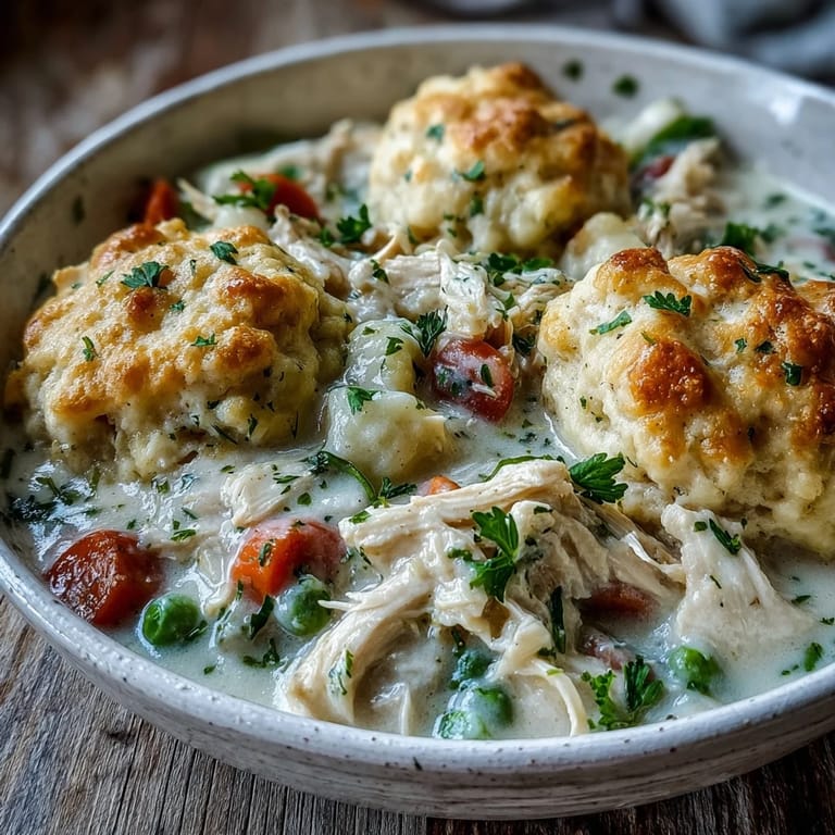 Golden drop biscuits simmer over Slow Cooker Ranch Chicken & Dumplings, featuring tender shredded chicken, carrots, and peas in a rich gravy.