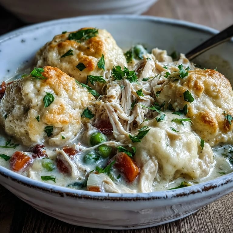 Spoon a serving of Slow Cooker Ranch Chicken & Dumplings into a bowl, fluffy biscuits absorbing the creamy ranch sauce, ready to eat.