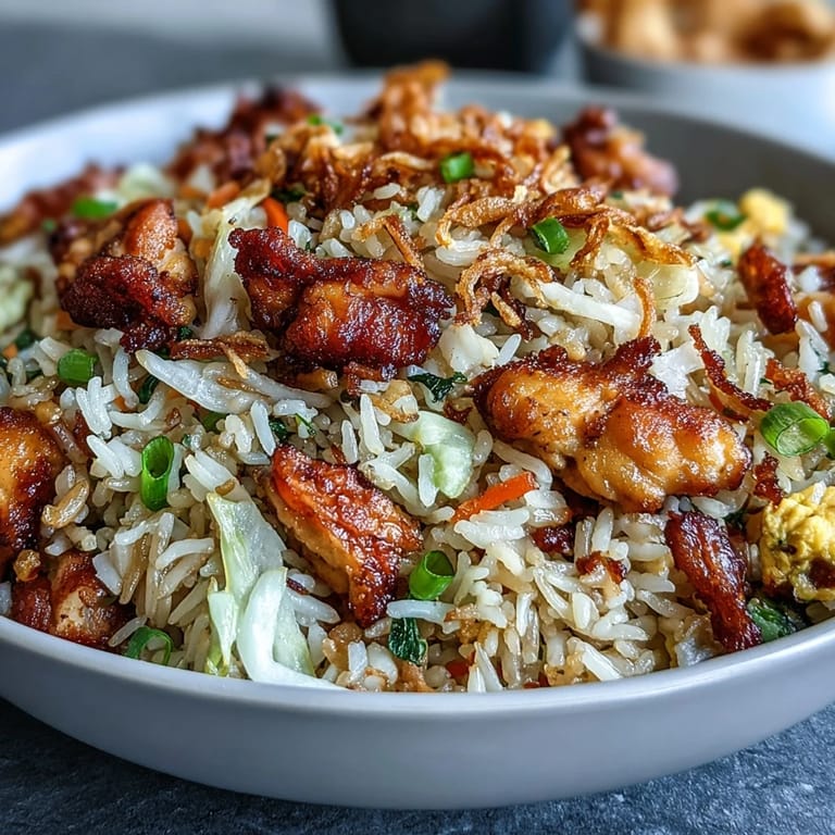 Close-up of Crispy Chicken Fried Rice with Egg Roll Flavors, highlighting crunchy cabbage, carrots, and golden minced chicken in a skillet.