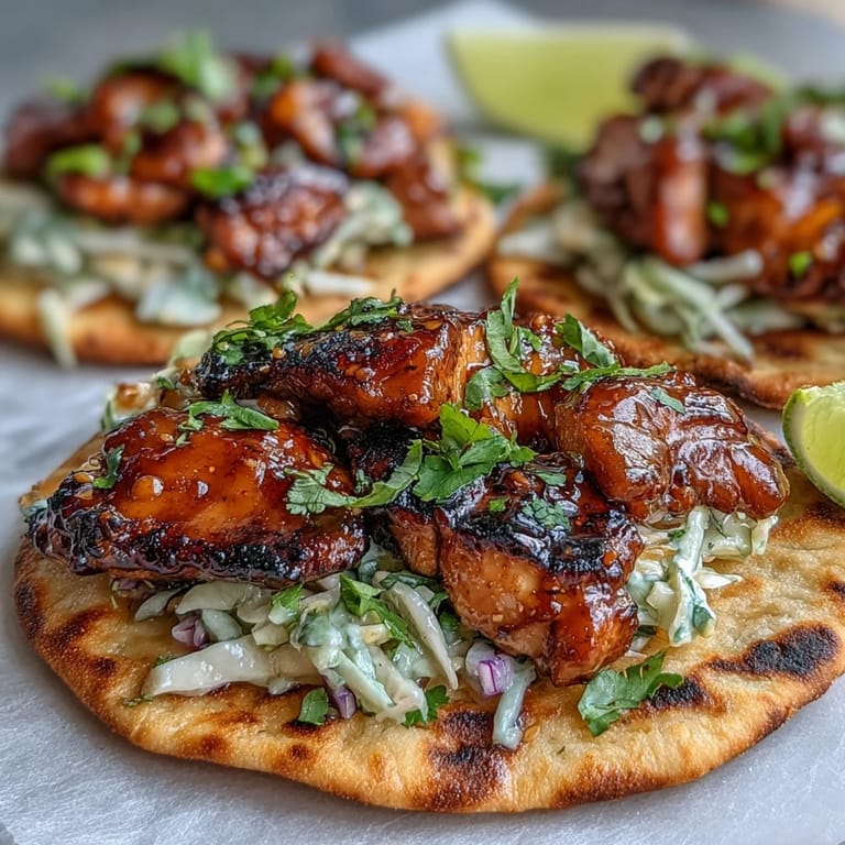 Saftige Honey Garlic Naan Chicken Tacos, belegt mit frischer Slaw und Koriander für den Fusion-Genuss.