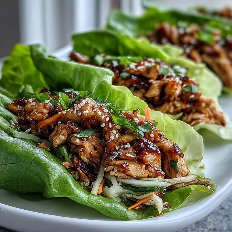 Potsticker-Inspired Chicken Lettuce Boats mit Sesam-Sauce, julienned Karotten und violettkohl für einen knackigen Biss.