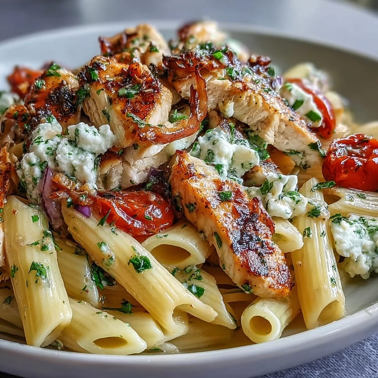 Dieses Roasted Garlic & Feta Chicken Pasta ist ein Nudelgericht mit Knoblauch und Feta, perfekt für das Abendessen.