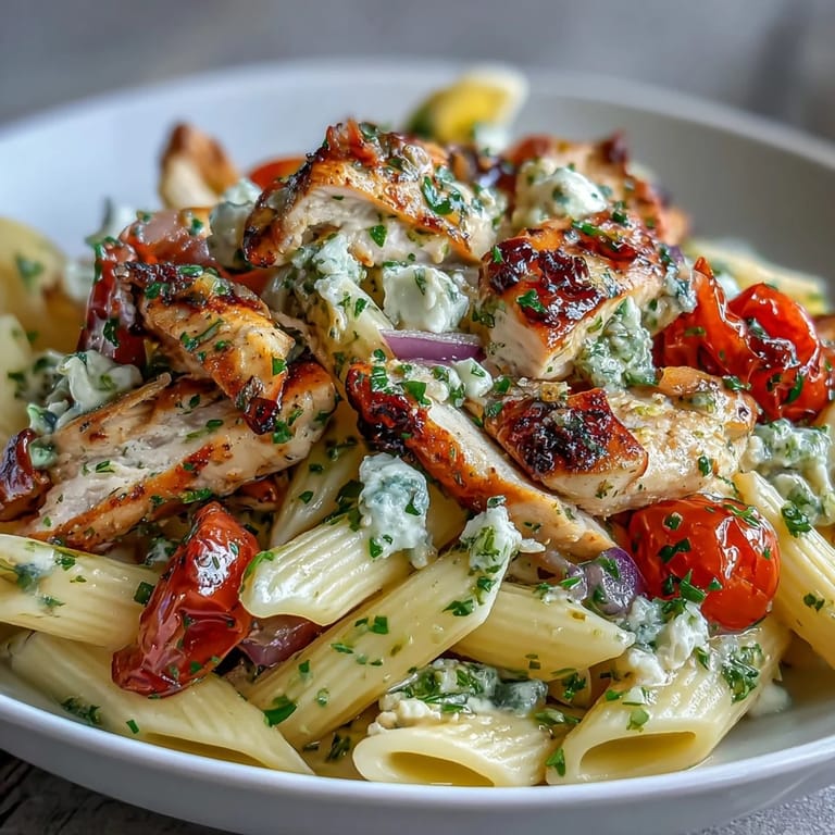 Ein leckeres Roasted Garlic & Feta Chicken Pasta mit Ofen-Knoblauch, Käse und Hähnchen, serviert auf Tellern.