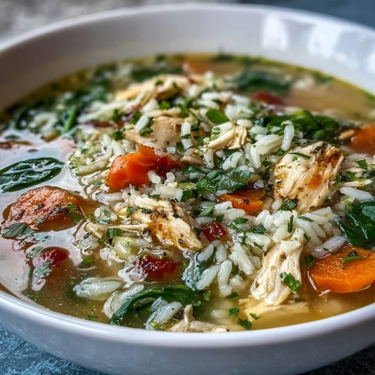Freshly made One-Pot Lemon Chicken Rice Soup with Veggies featuring tender chicken, carrots, and bright lemon zest.