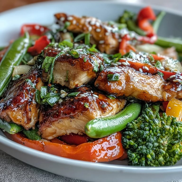 Farbenfrohe High-Protein Chicken and Veggie Stir-Fry mit Paprika, Zucchini und Brokkoli, angerichtet auf Reis