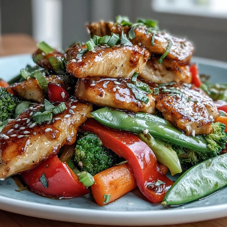 Saftige High-Protein Chicken and Veggie Stir-Fry aus der heißen Pfanne mit Sesam und frischen Frühlingszwiebeln