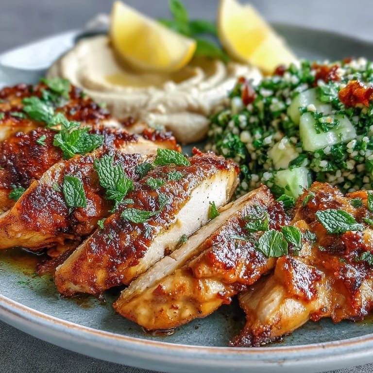 Saftiges Mediterranean Grilled Chicken with Hummus and Tabbouleh Garnitur auf Holzuntergrund, garniert mit Zitronenscheiben und Olivenöl, leckeres mediterranes Rezept.