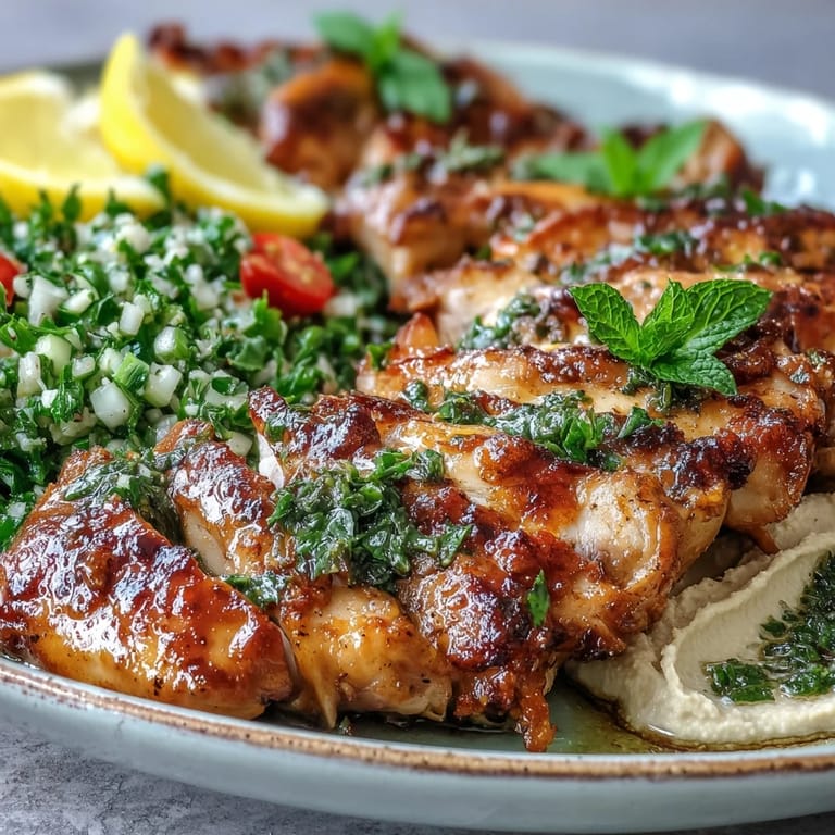 Goldbraun gegrillte Hähnchenbrustfilets mit Kräutern, begleitet von glatter Hummus und bunter Tabbouleh, perfekt für einen geschmackvollen Mittagstisch.