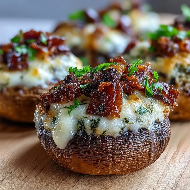 Freshly baked Keto Bacon and Cheese Stuffed Mushrooms with bubbling cheddar and crispy bacon topping.