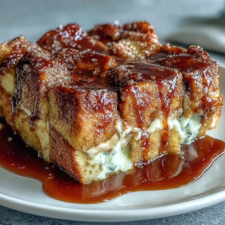 Serviert warm: Üppige Caramel Cream Cheese French Toast Casserole mit frischen Beeren und zimtigem Zuckerstreusel