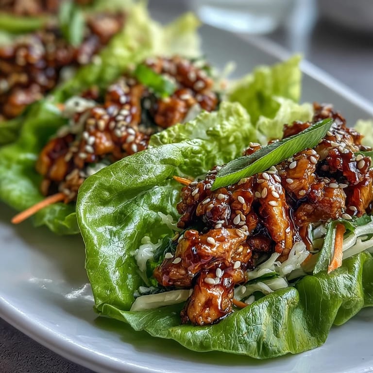 Potsticker-Inspired Chicken Lettuce Boats mit Sesam-Sauce, julienned Karotten und violettkohl für einen knackigen Biss.