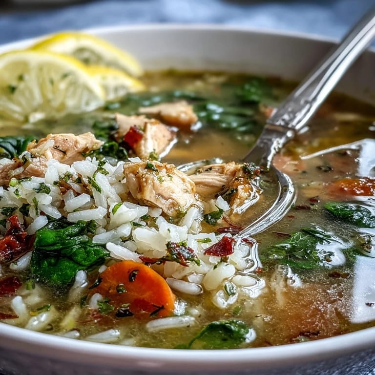Freshly made One-Pot Lemon Chicken Rice Soup with Veggies featuring tender chicken, carrots, and bright lemon zest.