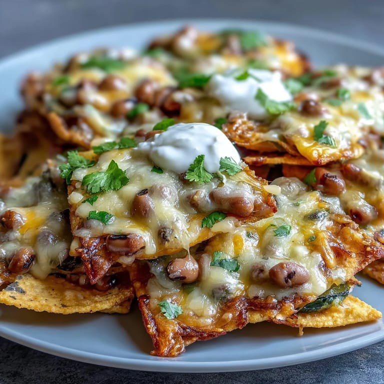 1. Schwarze-Augen-Bohnen-Nachos mit geschmolzenem Käse, frischen Jalapeños und cremiger saurer Sahne, perfekt für Partys.