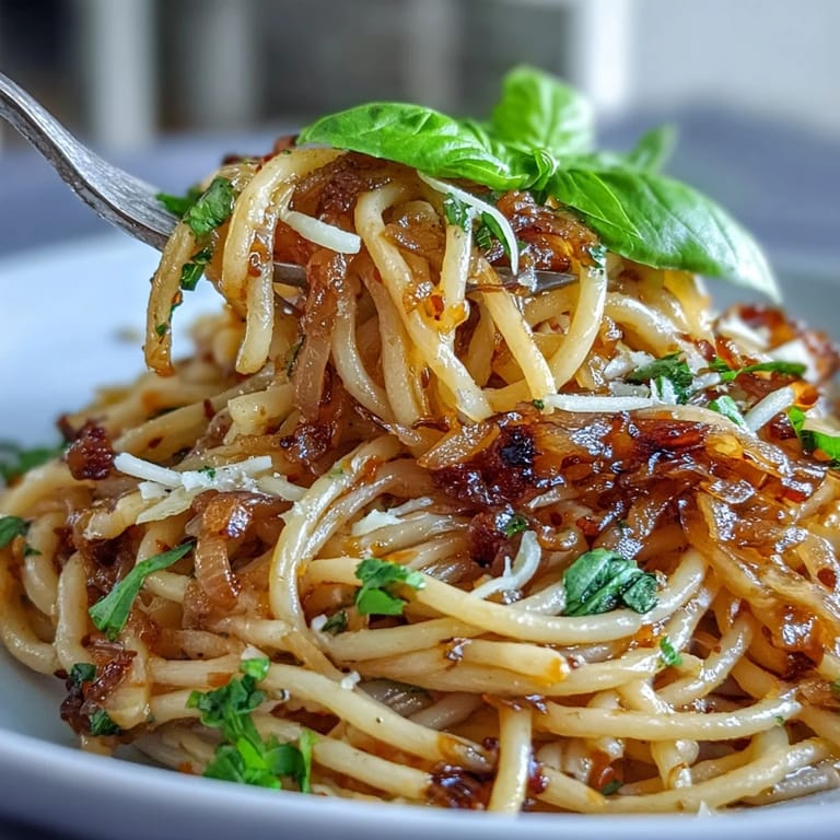 Goldgelbe, karamellisierte Zwiebeln und hausgemachtes Chiliöl verleihen dieser Pasta eine perfekte Balance aus Süße und Schärfe.