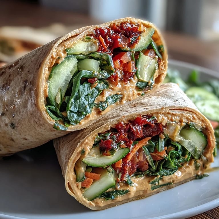 3. Vegane Tortilla-Rollen mit leuchtendem Hummus und frischem Gemüse, perfekt für einen schnellen Snack.