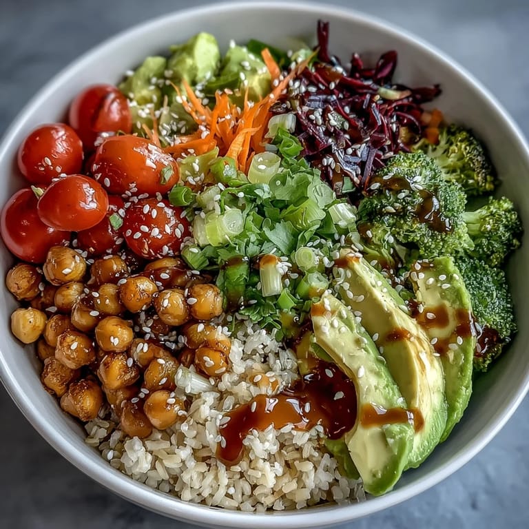 Vegane Buddha Bowl mit Regenbogen-Gemüse, Kichererbsen und aromatischem Sesam-Ingwer-Dressing serviert.