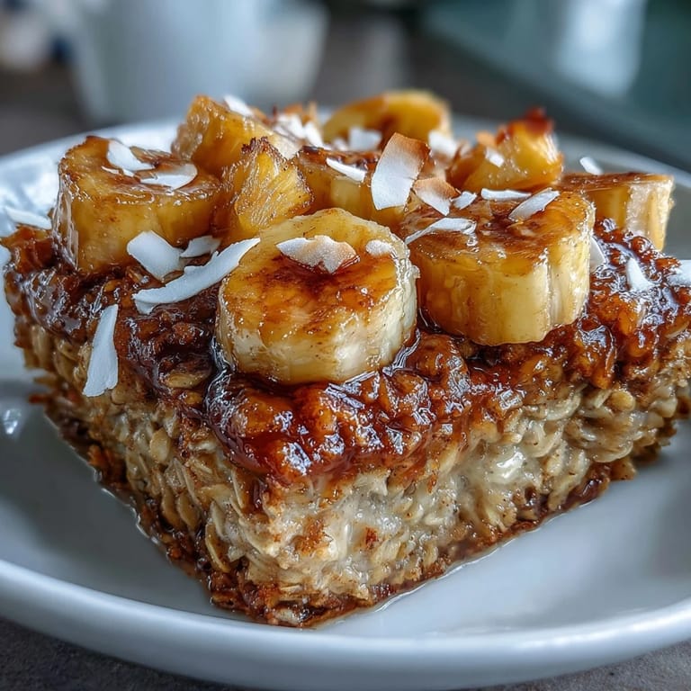 Eine warme, fruchtige Haferflocken-Casserole mit Ananas, Kokos und Banane, perfekt für das Frühstück.