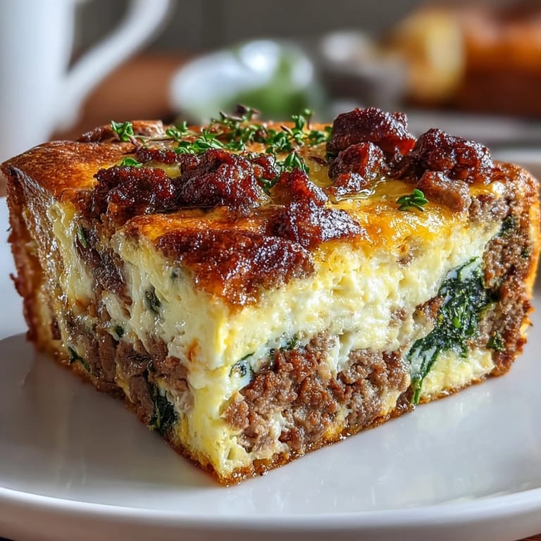 Herzhafte Keto-Wurst-Ei-Spinat-Auflauf mit geschmolzenem Cheddar, ideal für stressige Morgen oder die Vorbereitung von Mahlzeiten.