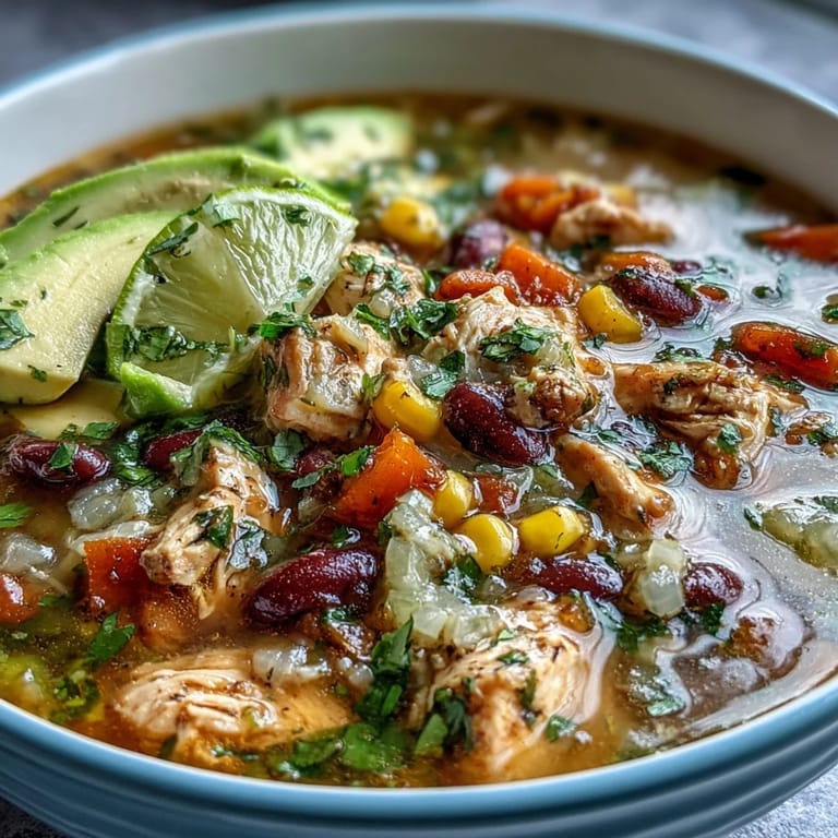 3. Reichhaltige High-Protein Chicken Taco Soup mit farbenfrohem Gemüse, saftigem Hühnchen und rauchigem Paprika, garniert mit Avocado und griechischem Joghurt.