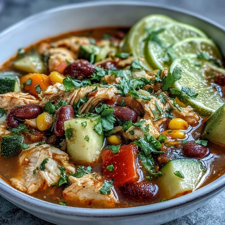 2. Bunter Taco-Suppe mit knackigem Gemüse, proteinreichem Hühnchen und kräftigen Taco-Gewürzen, serviert mit frischem Koriander und Limette.