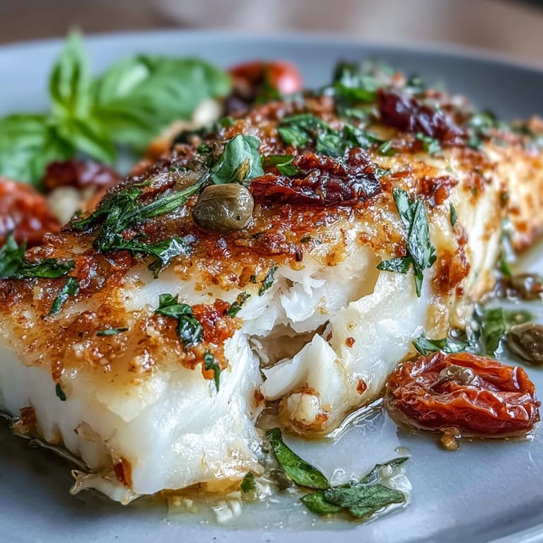 2. Mediterrane Kabeljaufilets, zart und flockig, mit saftigen Tomaten, herzhaften Oliven und aromatischen Kräutern im Ofen gegart.