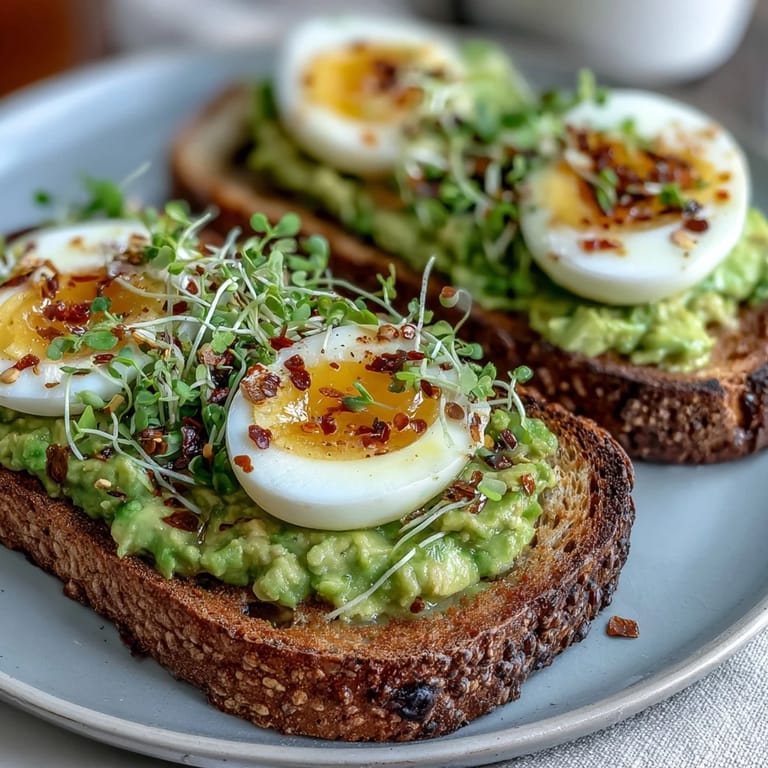 Avocado-Ei-Toast mit cremiger Avocado, weich gekochtem Ei, frischen Microgreens und einer Prise Chili  