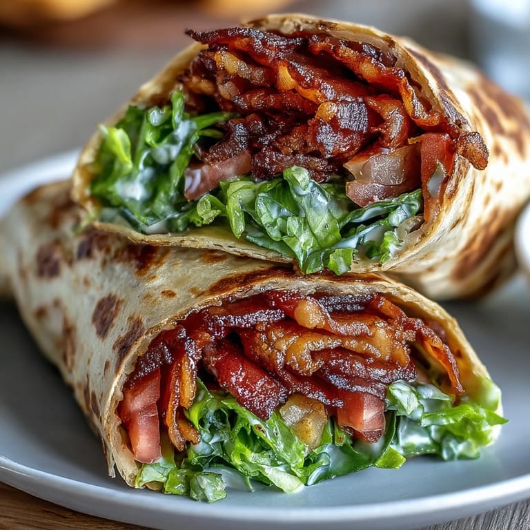 1. Gourmet BLT Wraps mit geheimem Sauce - knuspriger Speck, saftige Tomaten und knackiger Salat in einer frischen Tortilla gewickelt.