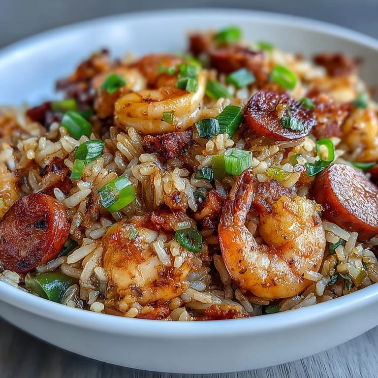 Scharfer Cajun-Dirty-Rice mit zarten Garnelen und geräucherter Wurst, perfekt für ein südstaaten-inspiriertes Abendessen.